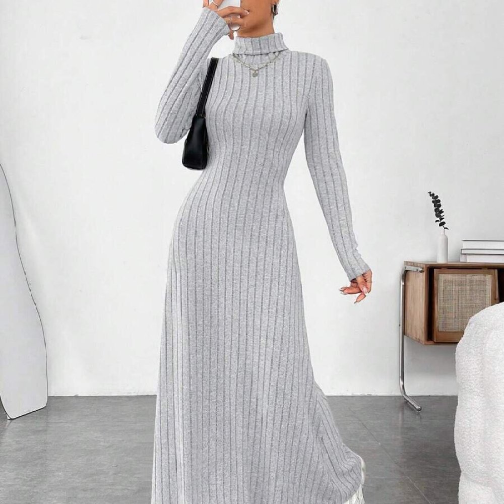 Elegant Autumn High Collar Lon - Bodycon Long Sleeve Ribbed Dress 评论和价格