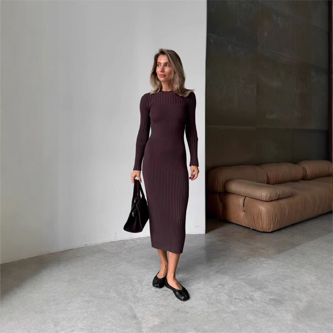 2025 Spring White Khaki Black  - Bodycon Long Sleeve Ribbed Dress 评论和价格