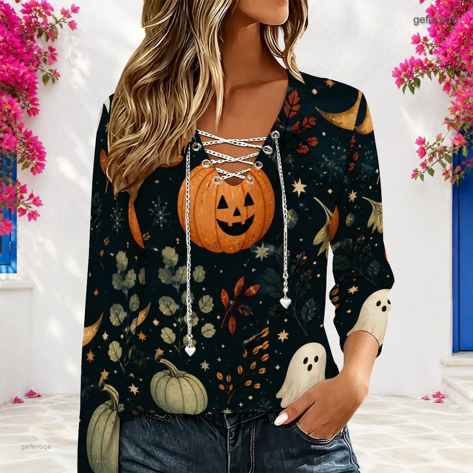 Women V Neck Long Sleeve Top M - Blouses 评论和价格