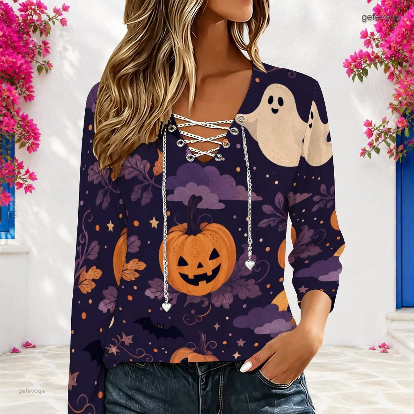 Women V Neck Long Sleeve Top M - Blouses 评论和价格