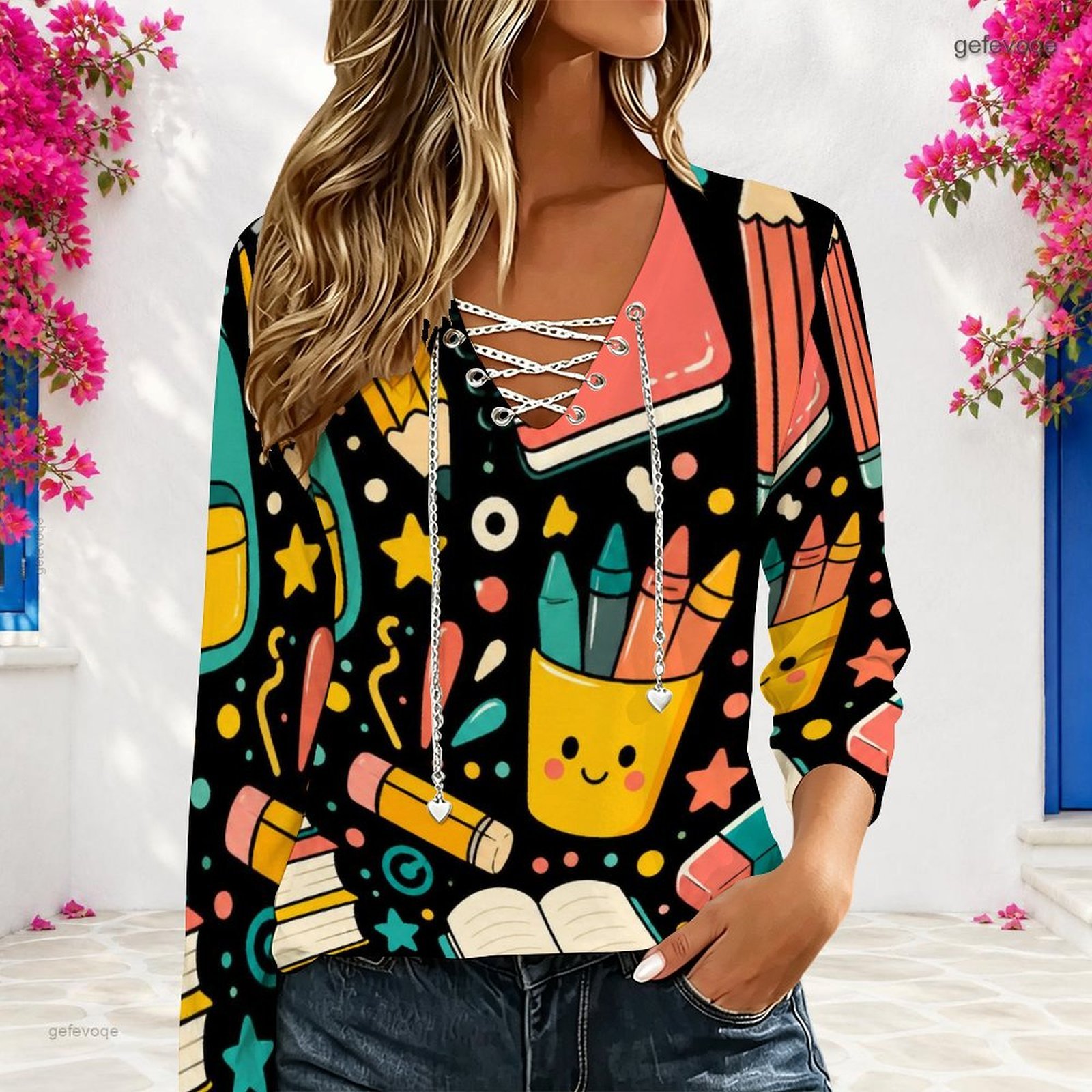 Women V Neck Long Sleeve Top M - Blouses 评论和价格