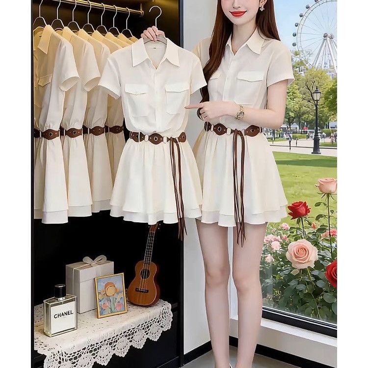 Korean Style Short Sleeve Shir - Korean Style A Line Shirt Dress 评论和价格