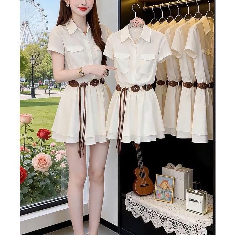 Korean Style Short Sleeve Shir - Korean Style A Line Shirt Dress 评论和价格