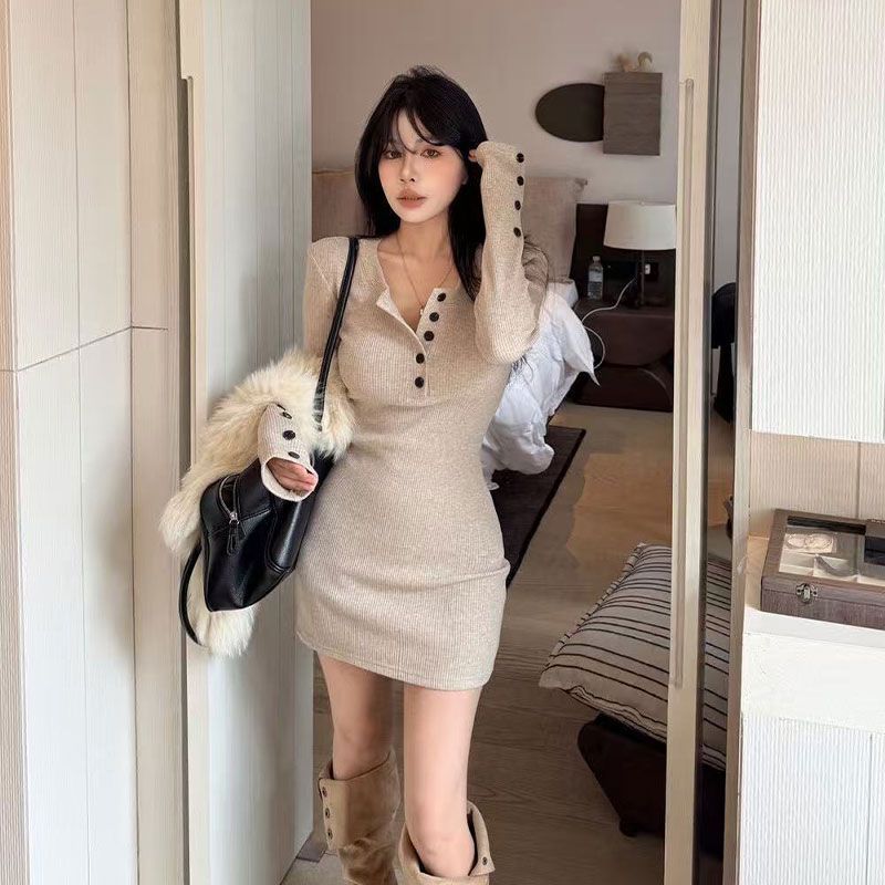 Y2k Women's Bodycon Knit Dress - Bodycon Long Sleeve Ribbed Dress 评论和价格