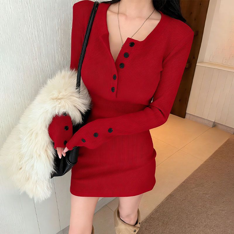 Y2k Women's Bodycon Knit Dress - Bodycon Long Sleeve Ribbed Dress 评论和价格