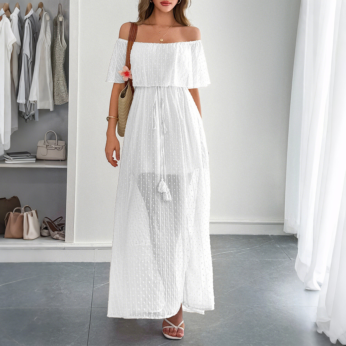 Elegant Women's Summer Casual  - Off Shoulder Puff Sleeve Sundress 评论和价格
