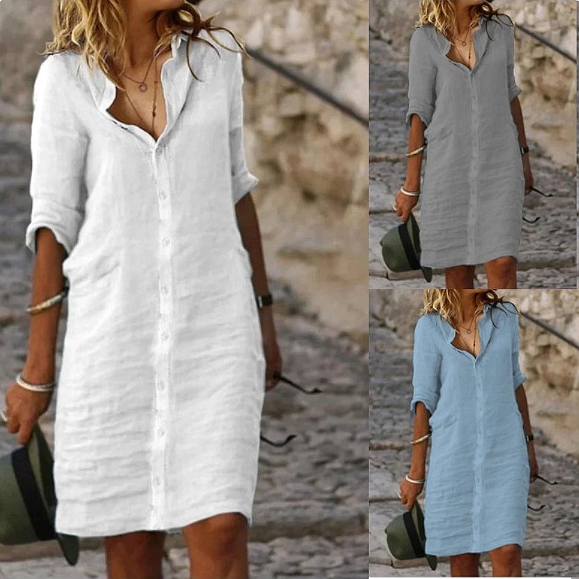 Loose Fit Button Down Midi Shi - Casual Loose Linen Shirt Dress 评论和价格