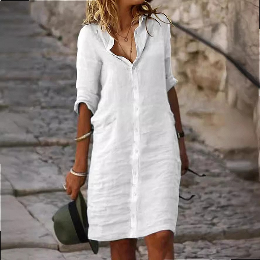 Loose Fit Button Down Midi Shi - Casual Loose Linen Shirt Dress 评论和价格