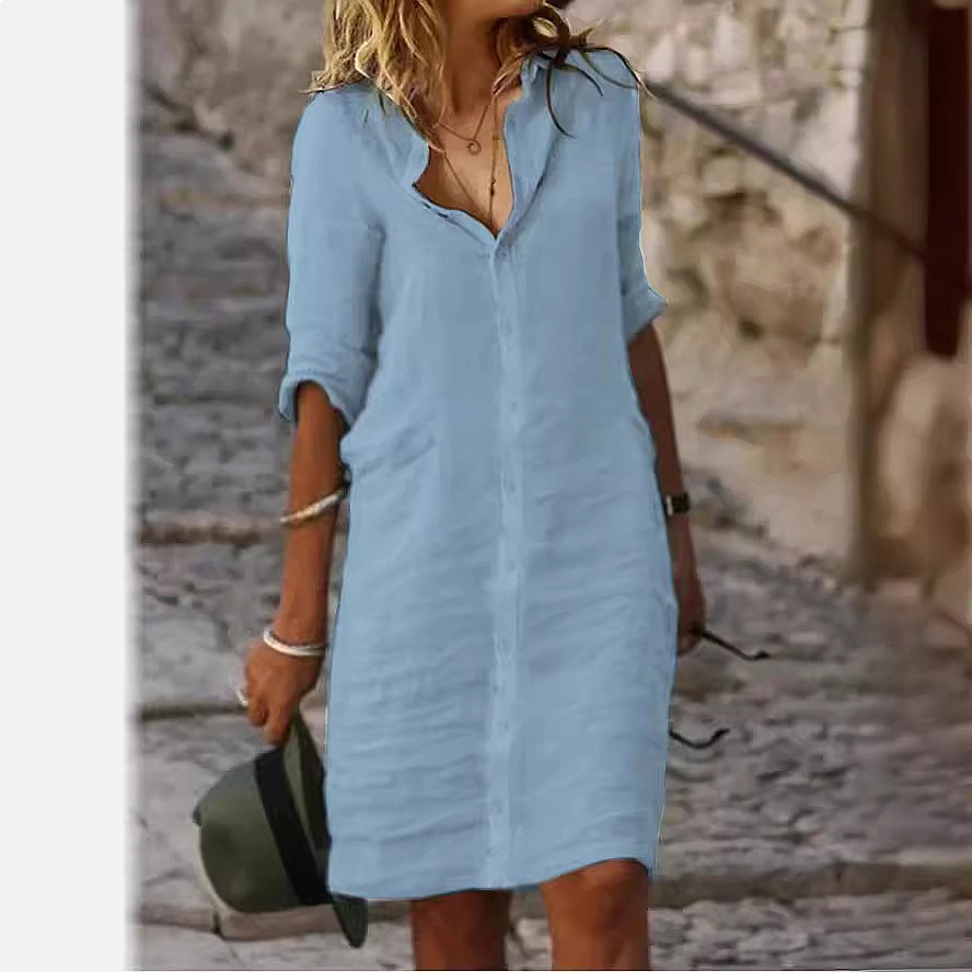 Loose Fit Button Down Midi Shi - Casual Loose Linen Shirt Dress 评论和价格