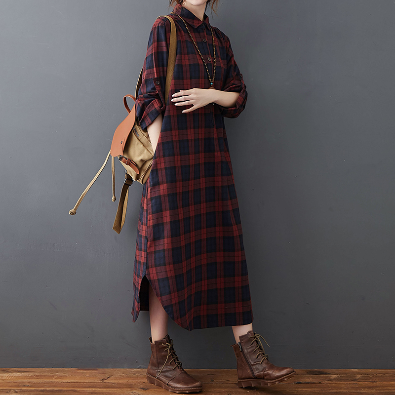 Cotton Linen Dress Women's Aut - Casual Loose Linen Shirt Dress 评论和价格