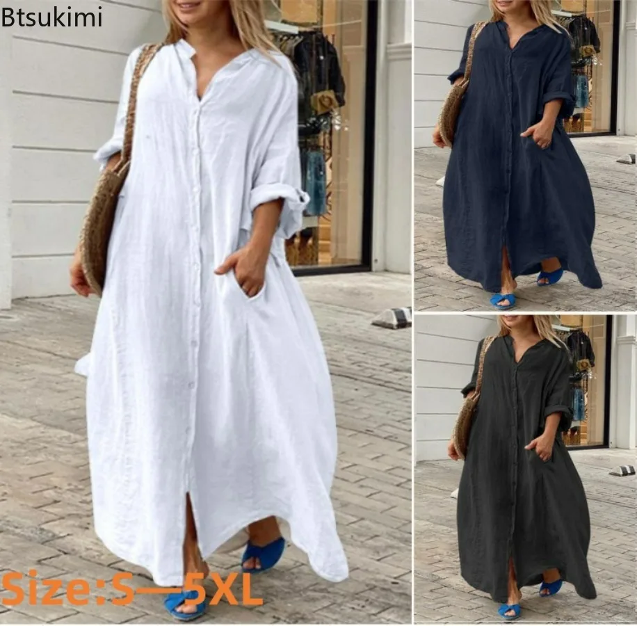 2026 Women's Casual Cotton Lin - Casual Loose Linen Shirt Dress 评论和价格