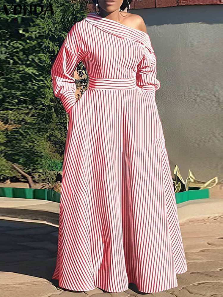 VONDA 2024 Women Elegant Strip - Off Shoulder Puff Sleeve Sundress 评论和价格