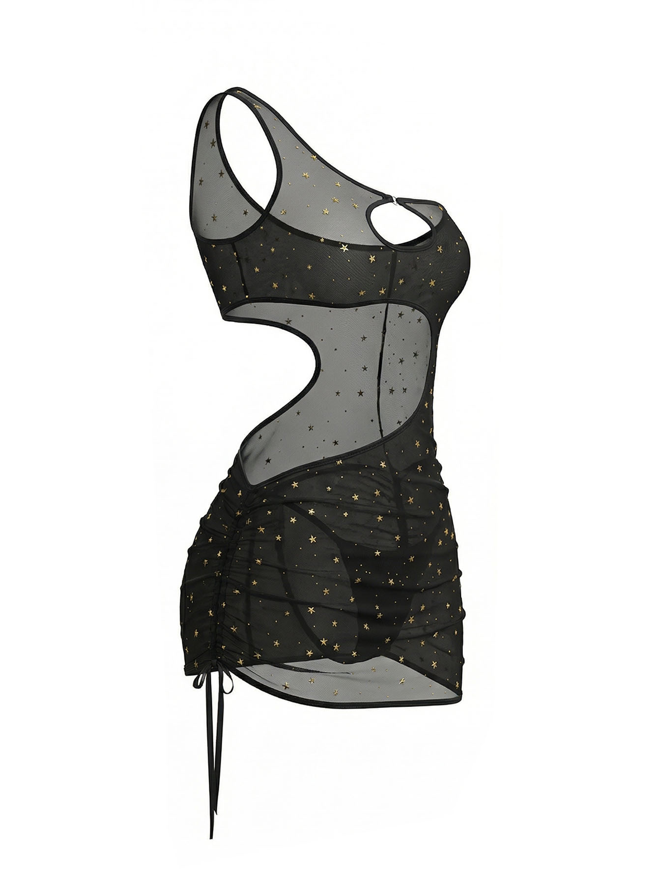 Black One‑Shoulder Star Print  - Sexy Mesh Sheer Bodycon Dress 评论和价格