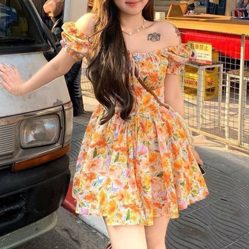 Womens Orange Floral Print Off - Off Shoulder Puff Sleeve Sundress 评论和价格