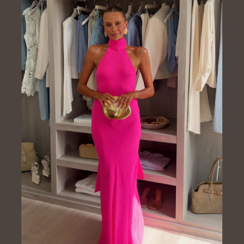 Women Halter Satin Maxi Dress  - Elegant Satin Evening Gown Split 评论和价格