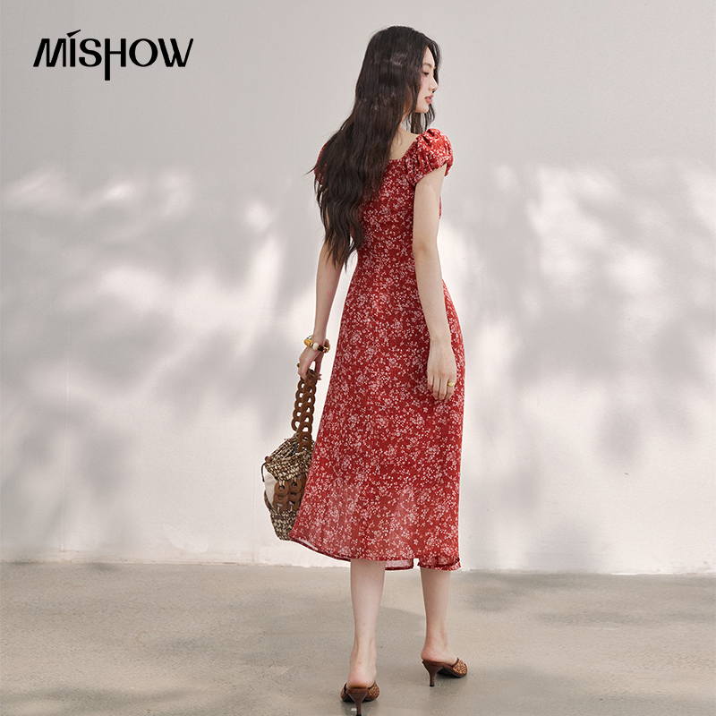 MISHOW Women's Vintage Red Flo - French Vintage Floral Midi Dress 评论和价格