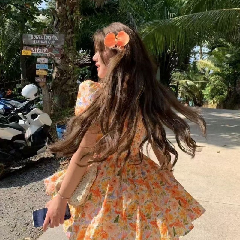 2026 new Orange Floral Print O - Off Shoulder Puff Sleeve Sundress 评论和价格