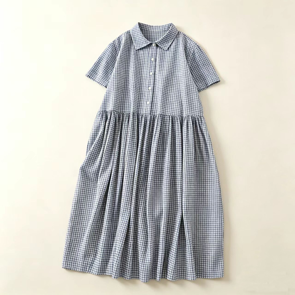 Blue Plaid  Collar Midi Dress  - Casual Loose Linen Shirt Dress 评论和价格