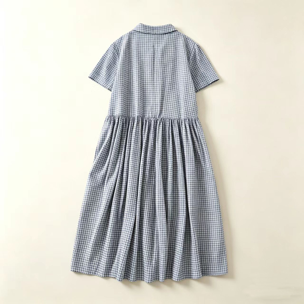 Blue Plaid  Collar Midi Dress  - Casual Loose Linen Shirt Dress 评论和价格