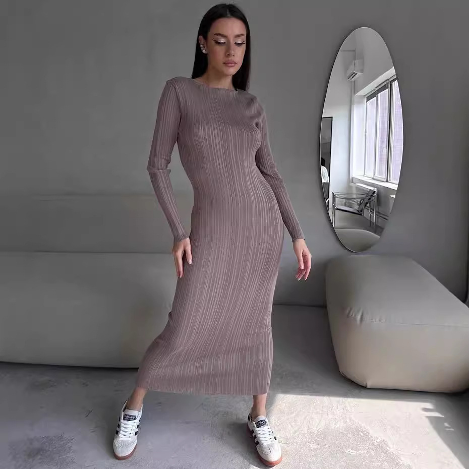 Women's Elegant Crew Neck Wais - Bodycon Long Sleeve Ribbed Dress 评论和价格