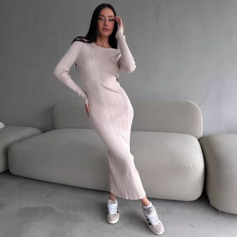 Women's Elegant Crew Neck Wais - Bodycon Long Sleeve Ribbed Dress 评论和价格