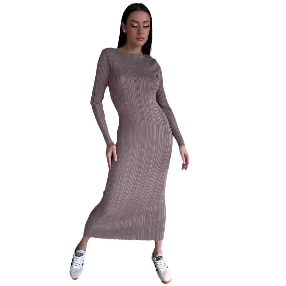 Women's Elegant Crew Neck Wais - Bodycon Long Sleeve Ribbed Dress 评论和价格