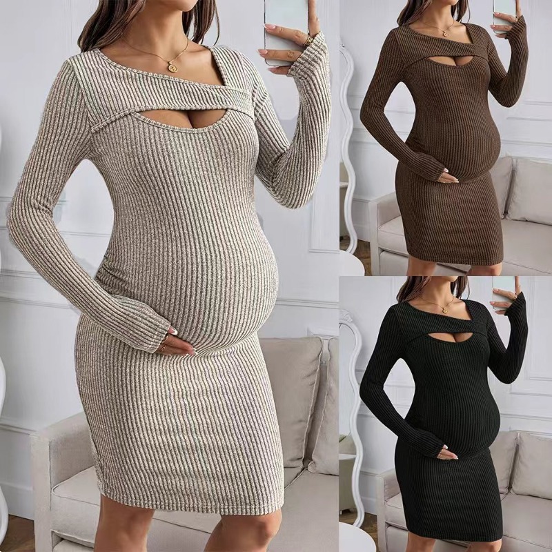 Maternity Clothes Long-sleeved - Bodycon Long Sleeve Ribbed Dress 评论和价格