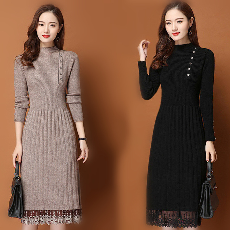 Lace Hem Buttons Women Autumn  - Bodycon Long Sleeve Ribbed Dress 评论和价格