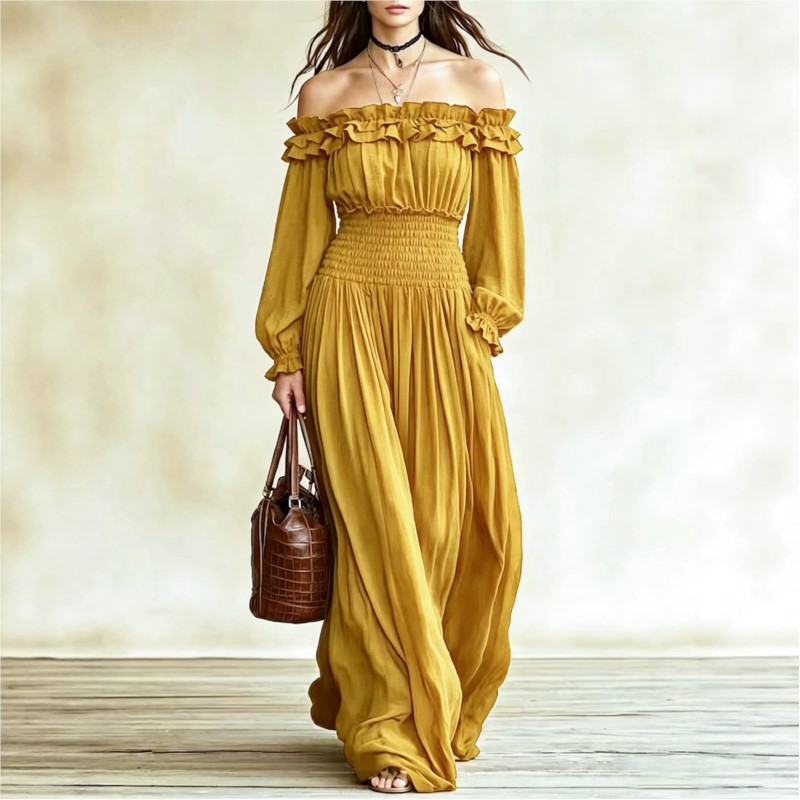 Off Shoulder Fashion Maxi Dres - Off Shoulder Puff Sleeve Sundress 评论和价格