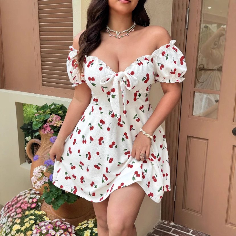 Summer Woman Dress Floral Prin - Off Shoulder Puff Sleeve Sundress 评论和价格