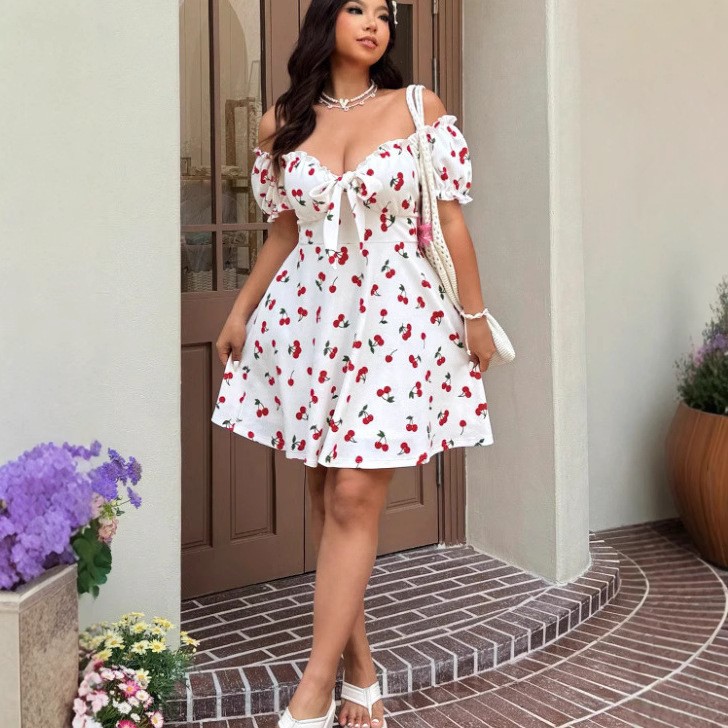 Summer Woman Dress Floral Prin - Off Shoulder Puff Sleeve Sundress 评论和价格