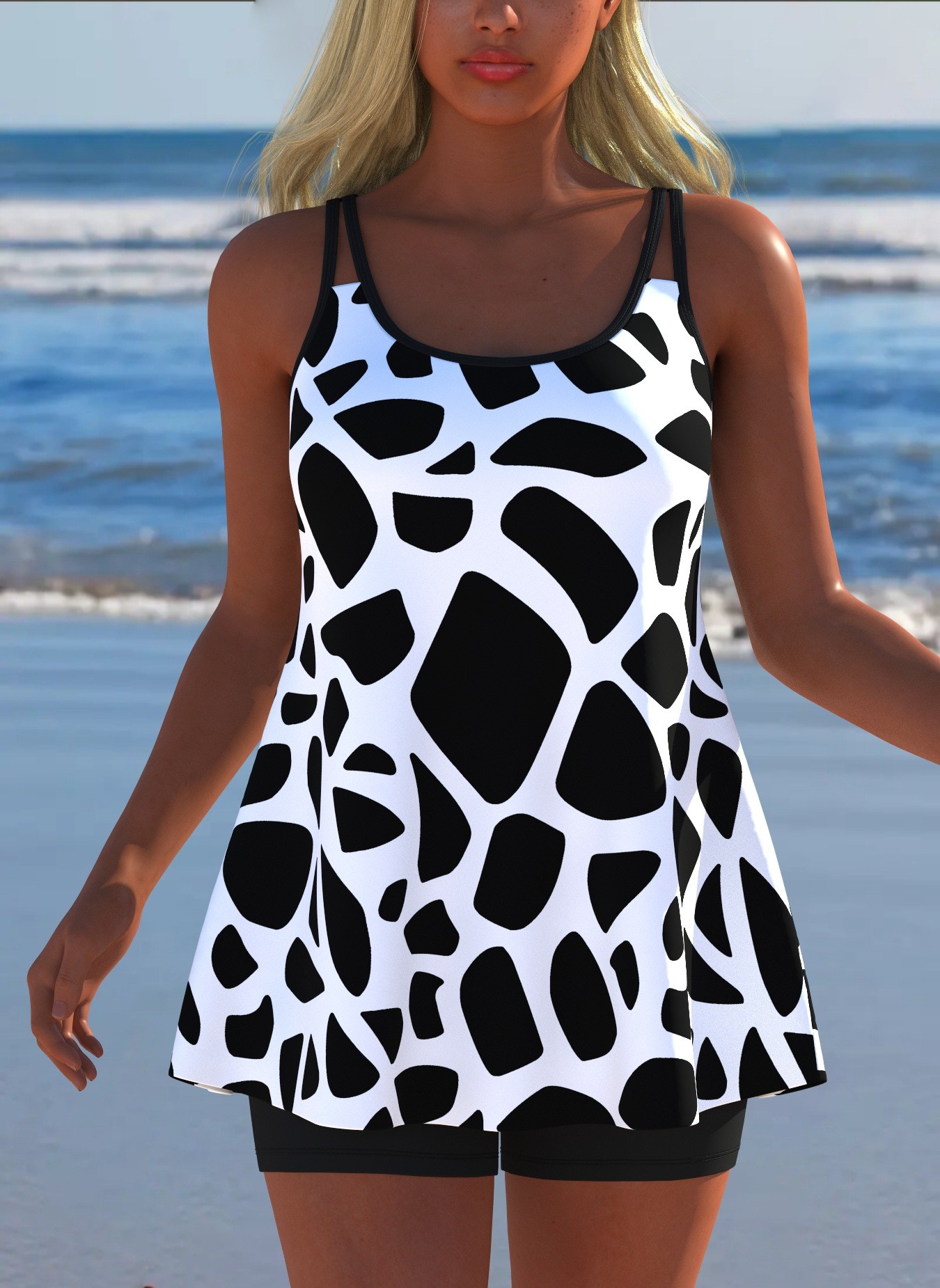 Black White Print Tankini Slee - Tops 评论和价格