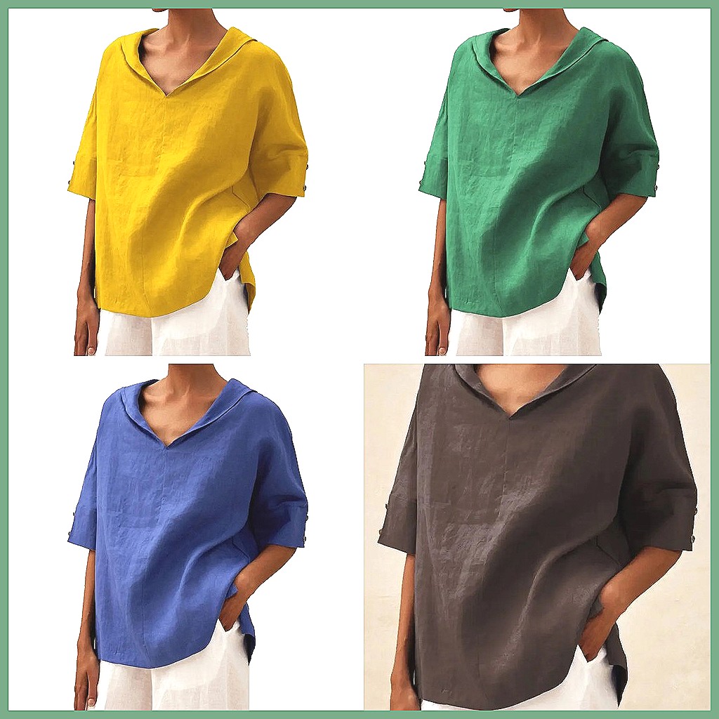Women's Loose V-Neck Cotton Li - Blouses 评论和价格
