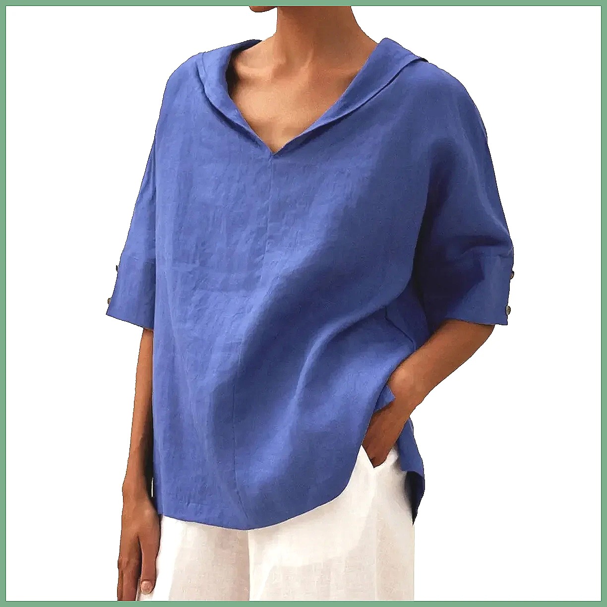 Women's Loose V-Neck Cotton Li - Blouses 评论和价格