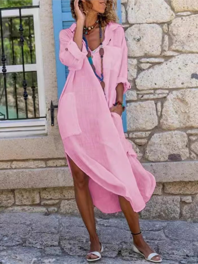 White Women's Shirt Dress Soli - Casual Loose Linen Shirt Dress 评论和价格