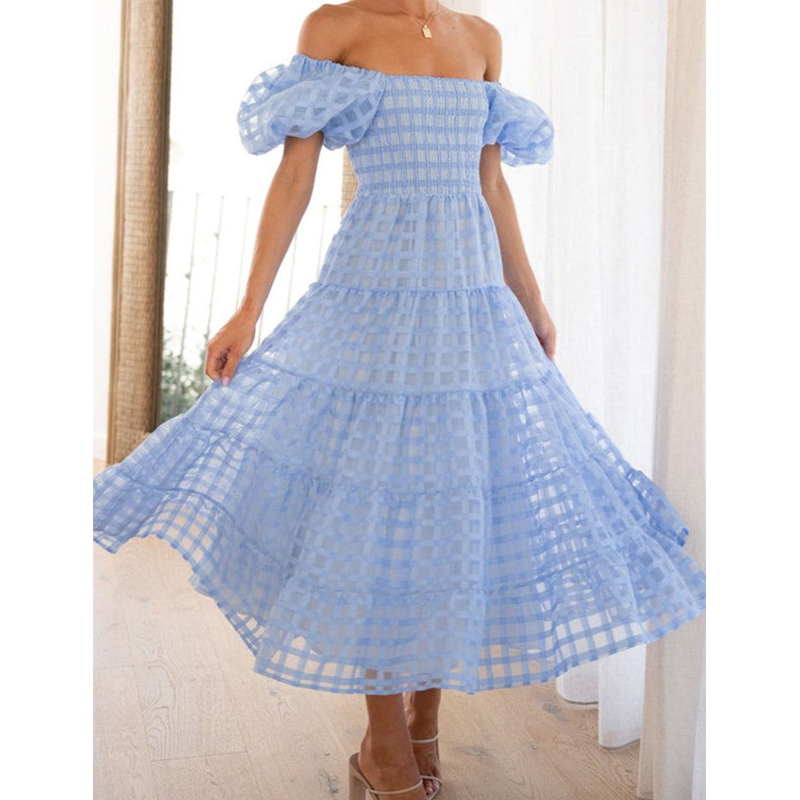 Elegant Off Shoulder Women's S - Off Shoulder Puff Sleeve Sundress 评论和价格