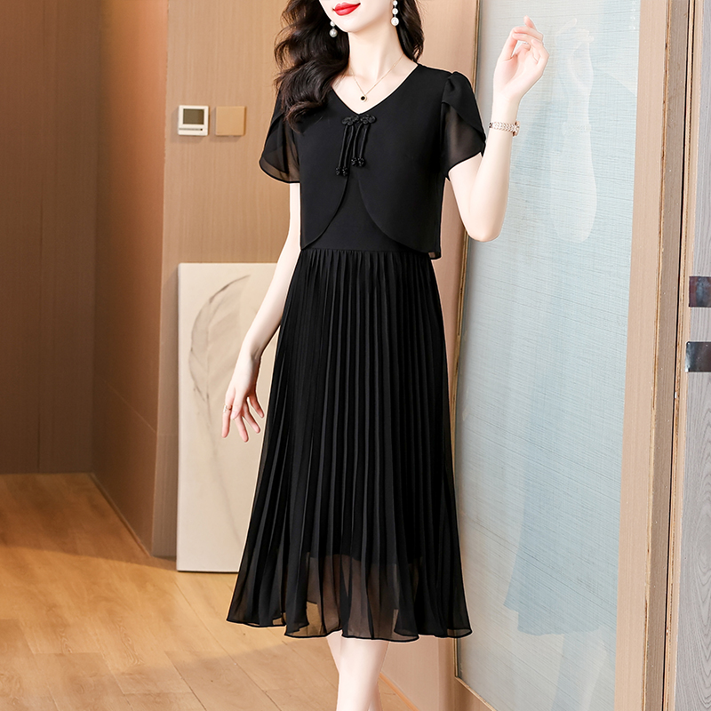 2025 Summer Solid Chiffon Casu - French Vintage Floral Midi Dress 评论和价格
