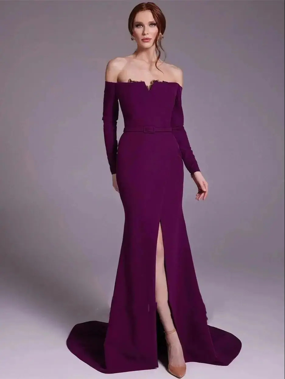Elegant Purple Satin Off-the-s - Elegant Satin Evening Gown Split 评论和价格