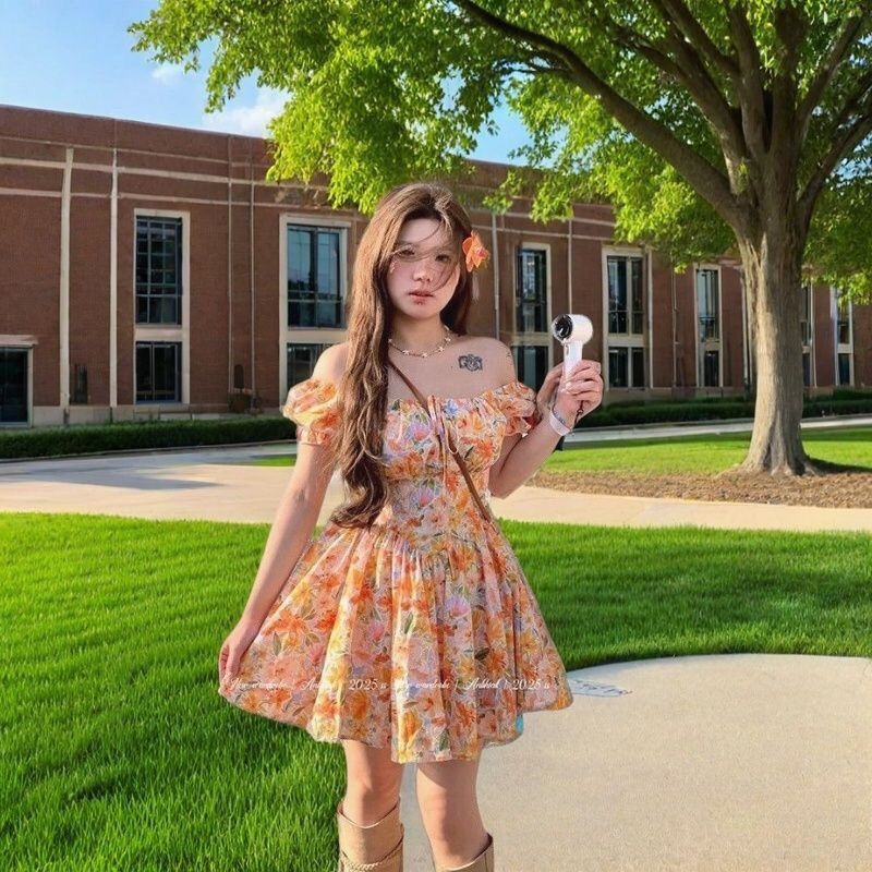 Hotsale Orange Floral Print Of - Off Shoulder Puff Sleeve Sundress 评论和价格